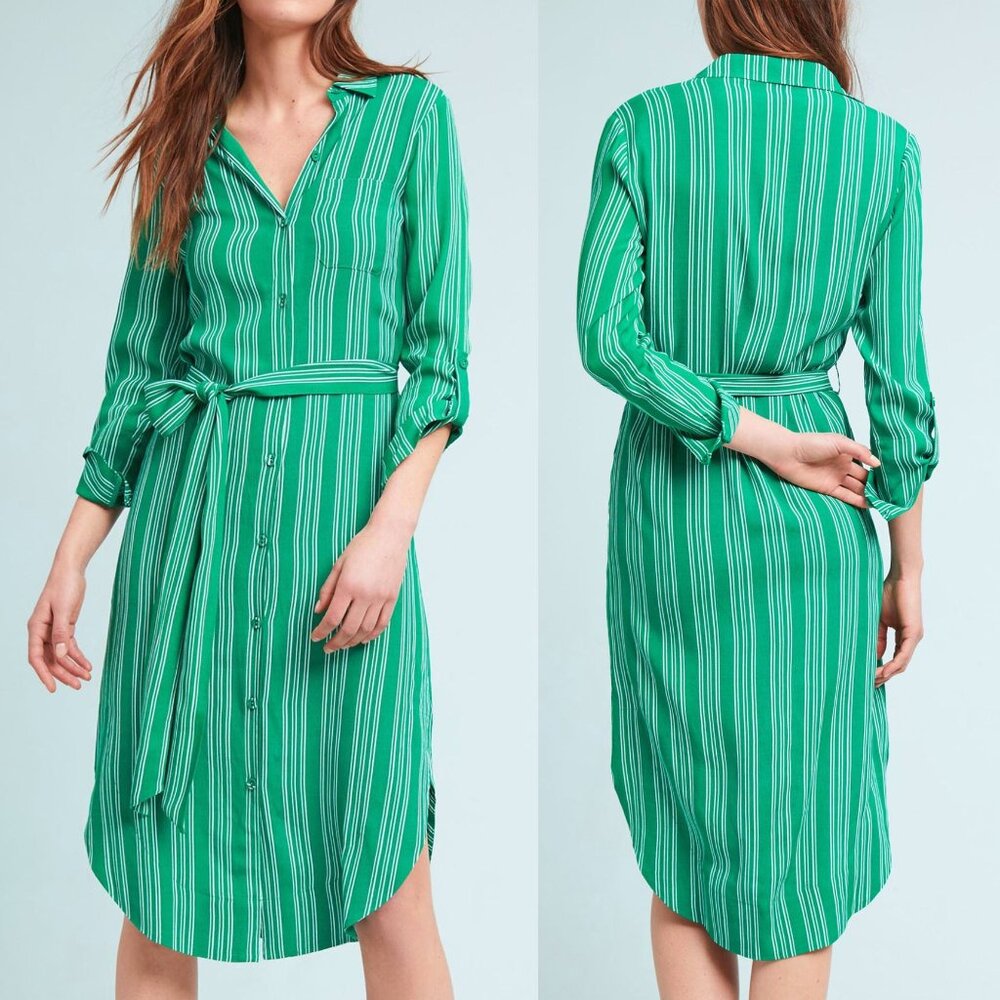 Anthropologie Maeve Kelly Green White Stripe Martina Belted Shirtdress 6 Midi